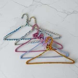 Crochet‎ Covered Wire Hangers Set of 5 Multicolor Excellent Boho PomPom